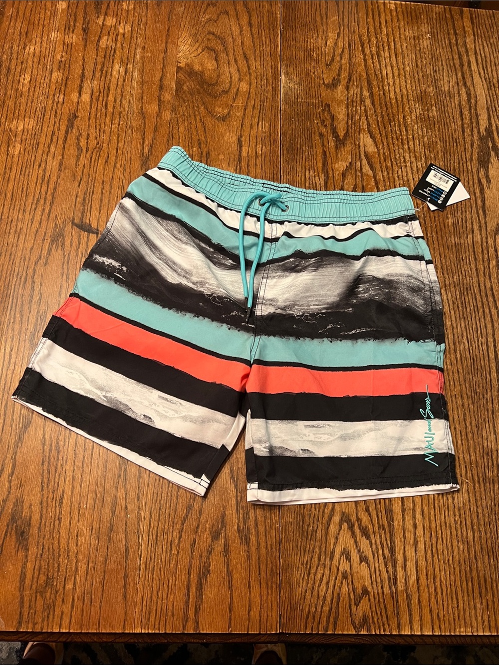 Maui and Sons Teal, Coral & Black Striped Men's Swim Trunks